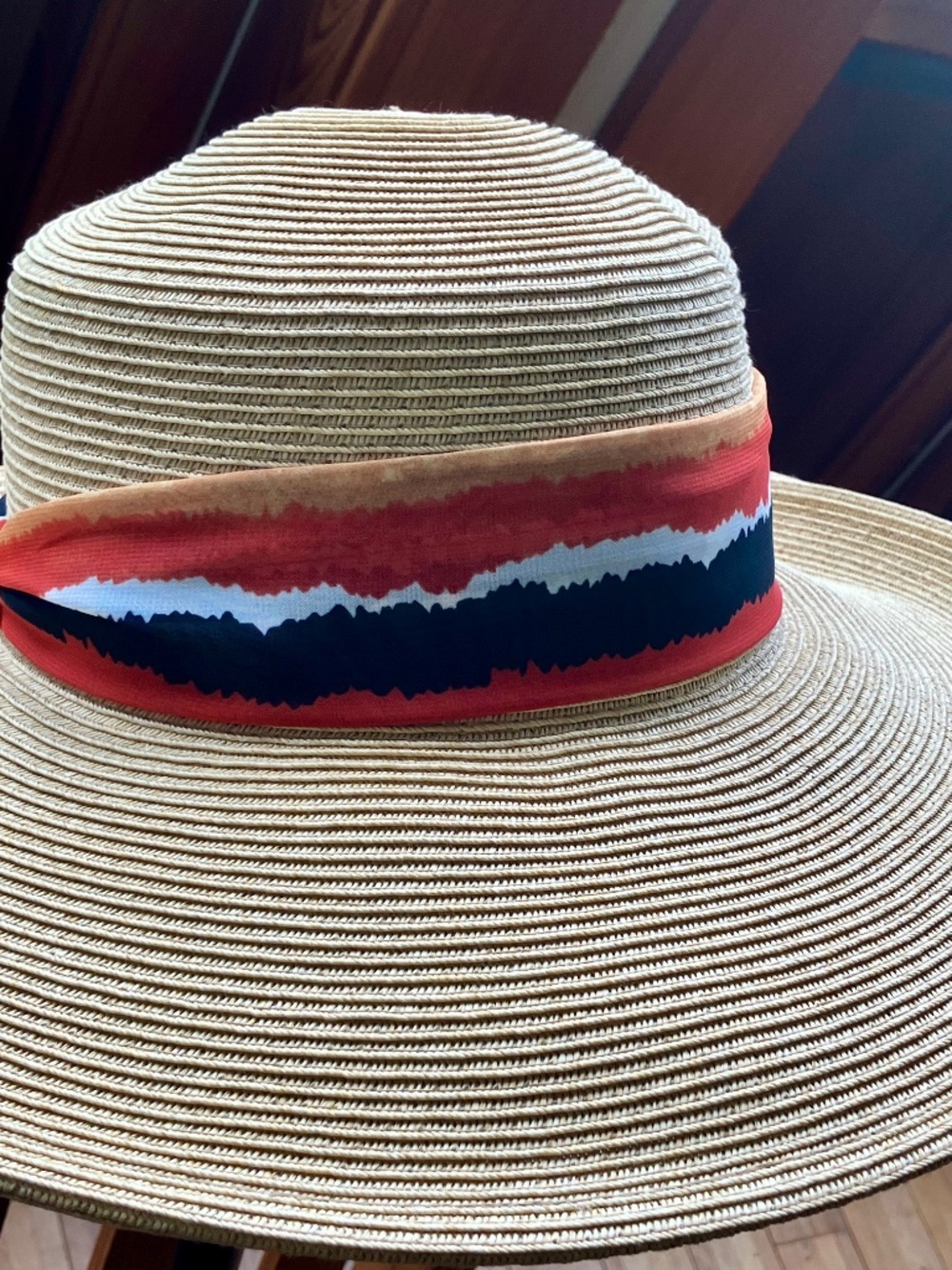Nordstrom Straw Wide Brim Adjustable Hat With Red Black and Blue Band